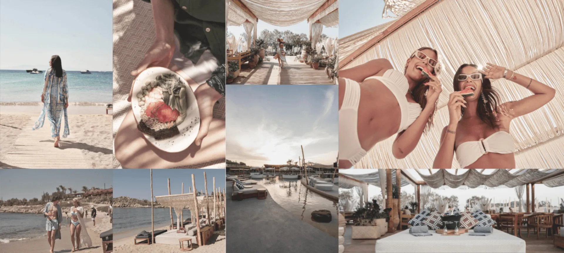 Collage with SantAnna's boho cabanas, waterfront views, guests, and venues on Paraga Beach, Mykonos.
