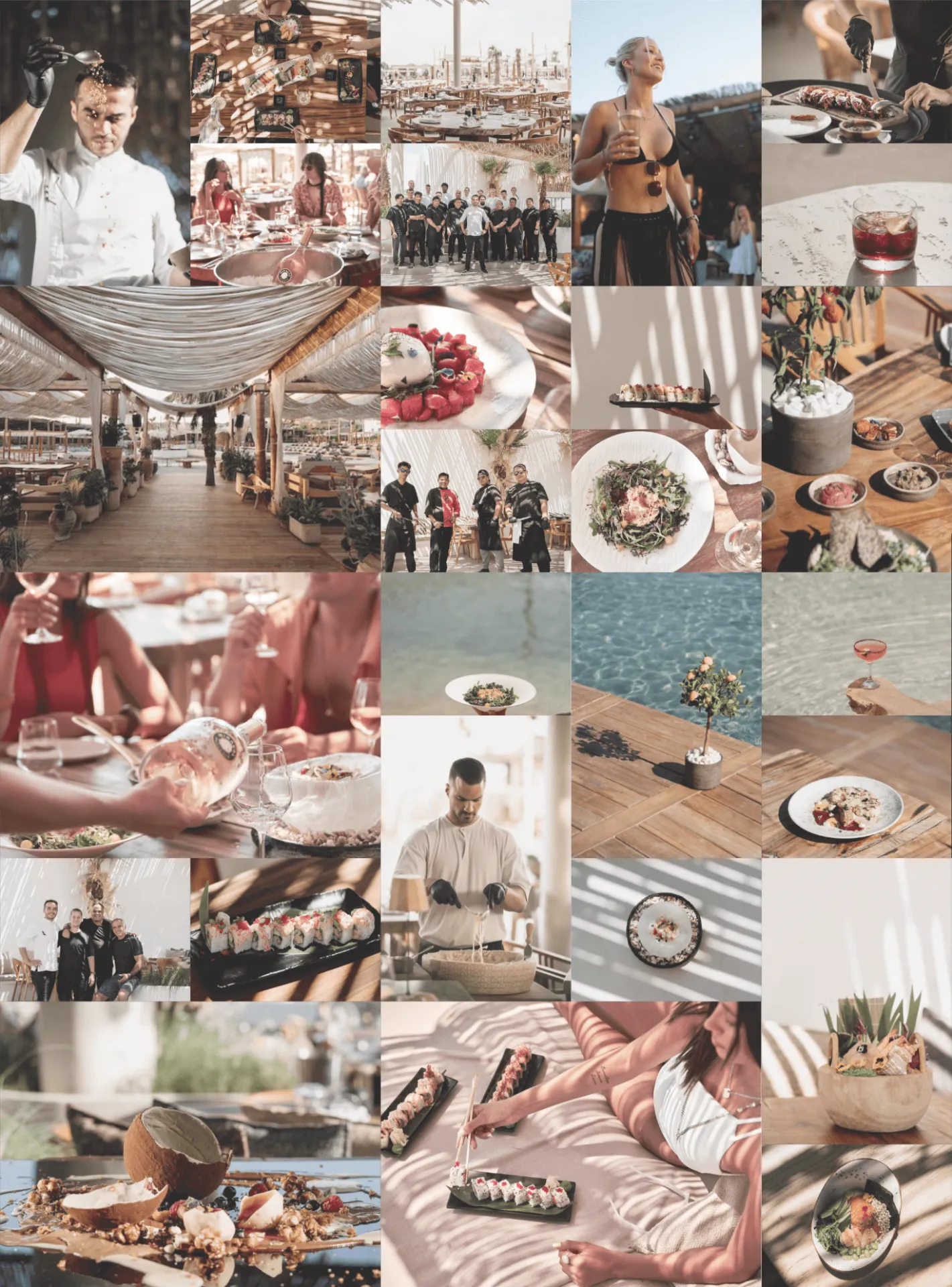 Collage of SantAnna Beach Club restaurant highlights, featuring dishes, dining area, and ambiance.